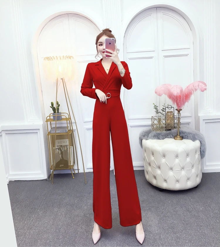 Офисные женские элегантные сексуальные комбинезоны с широкими штанинами