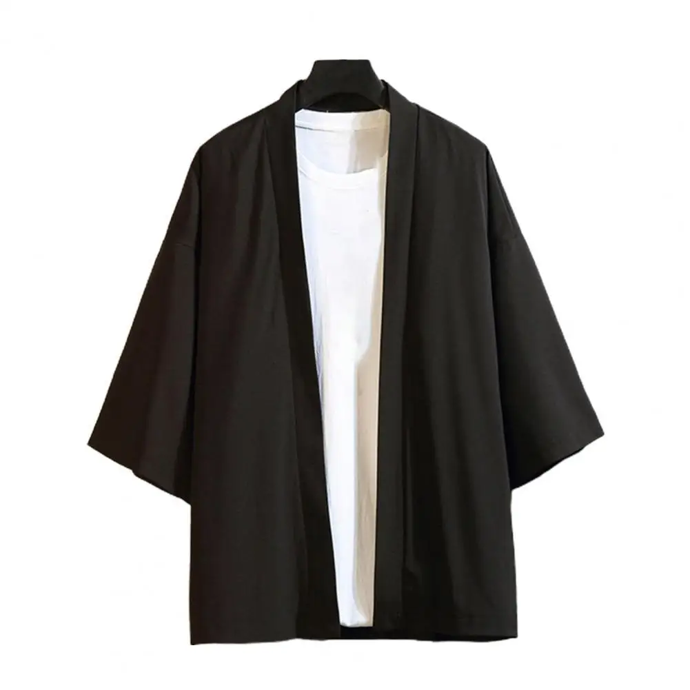 

Мужская Однотонная рубашка в китайском стиле, свободная куртка из полиэстера с рукавом 3/4 и открытой передней частью, верхняя одежда в ретро...