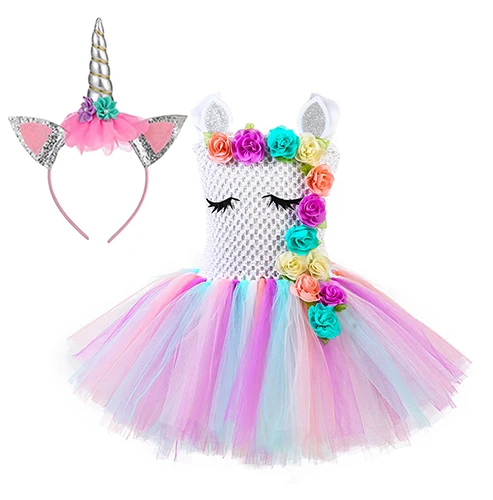 dress with headband Пастельное платье-пачка с единорогом для маленьких девочек; платье с цветами для дня рождения; маскарадное праздничное платье; Детский костюм на Хэллоуин и Рождество - Цвет: dress with headband