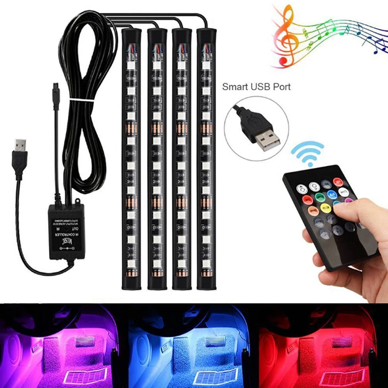 

4 шт./лот 9 светодиодов RGB Автомобильная интерьерная атмосфера Footwell полоса освещения USB зарядное устройство декоративная лампа