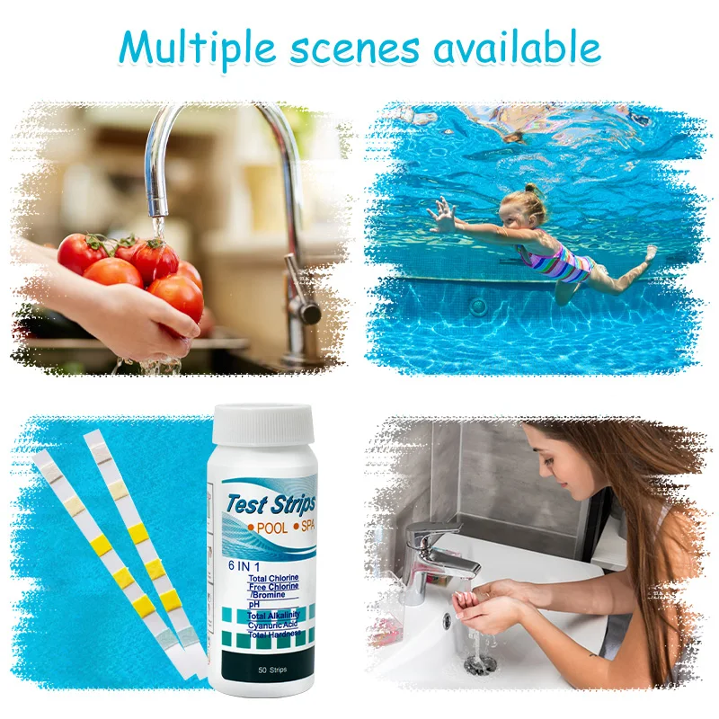 

6 in 1 Swimming Pool PH Test Paper 50PCS Water Quality Test Residual Chlorine Test Paper PH Value Alkalinity Hardness Test Strip