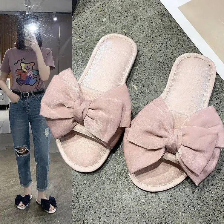 New Home Cute Bowknot Cotton Slippers Ladies Autumn and Winter Comfortable Slippers Furry Slippers Women Fashion Women's Shoes