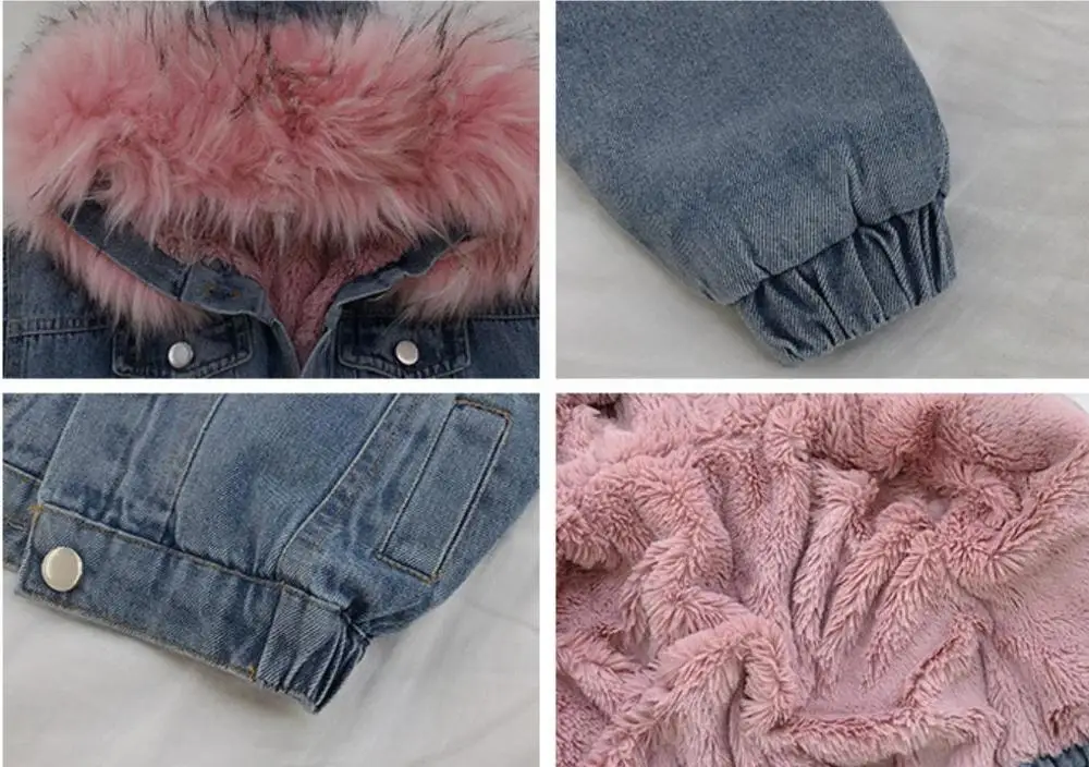 Модные зимние хлопковые пальто для девочек детские джинсовые куртки с меховым