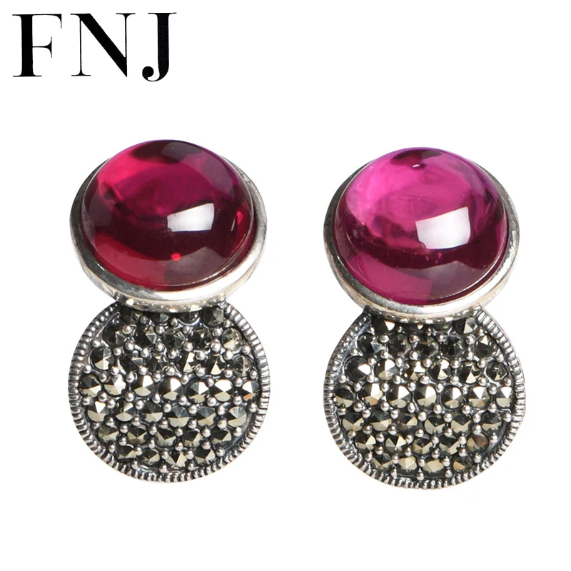 

FNJ Simple Rose Corundum Stud Earrings 925 Silver Original Pure S925 Sterling Earring Women Jewelry Vintage AG925 MARCASITE