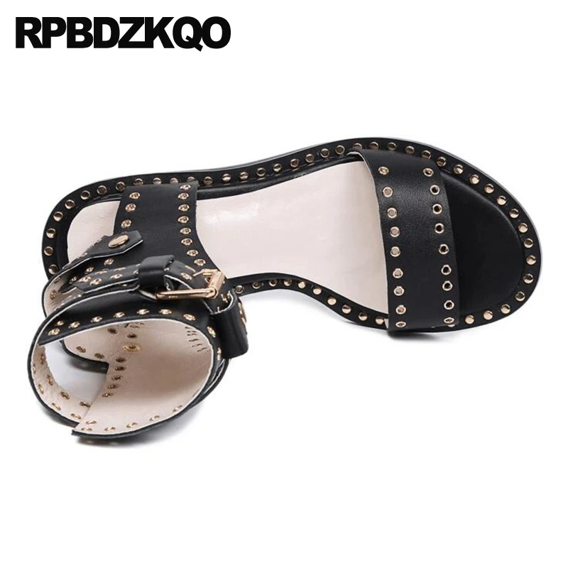 дизайнерские сандалии женщины люкс 2018 Настоящая кожа блок черный обувь ремешок