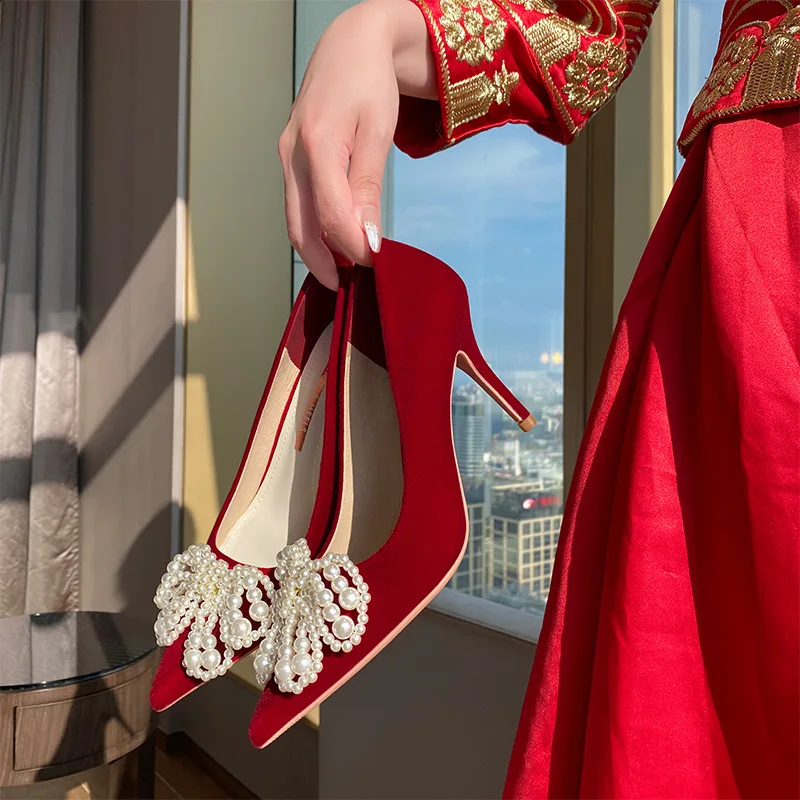 

Свадебные туфли, свадебные туфли, женские туфли-лодочки, свадебное платье в китайском стиле, жемчужные высокие каблуки, женские Роскошные т...