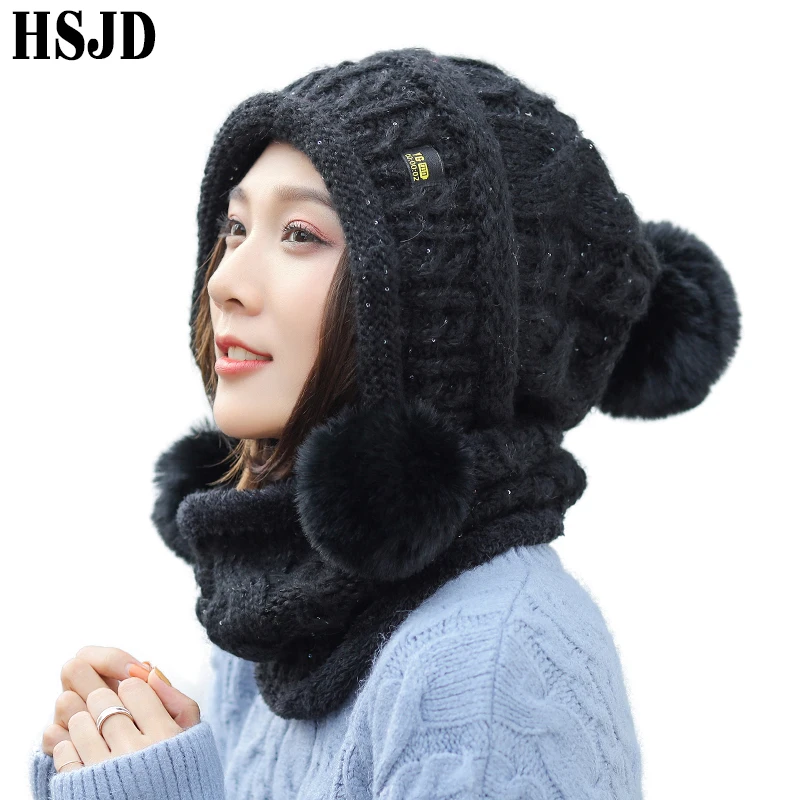 Зимние шапки для женщин с блестками вязанные шарф и шапка милые теплые тремя
