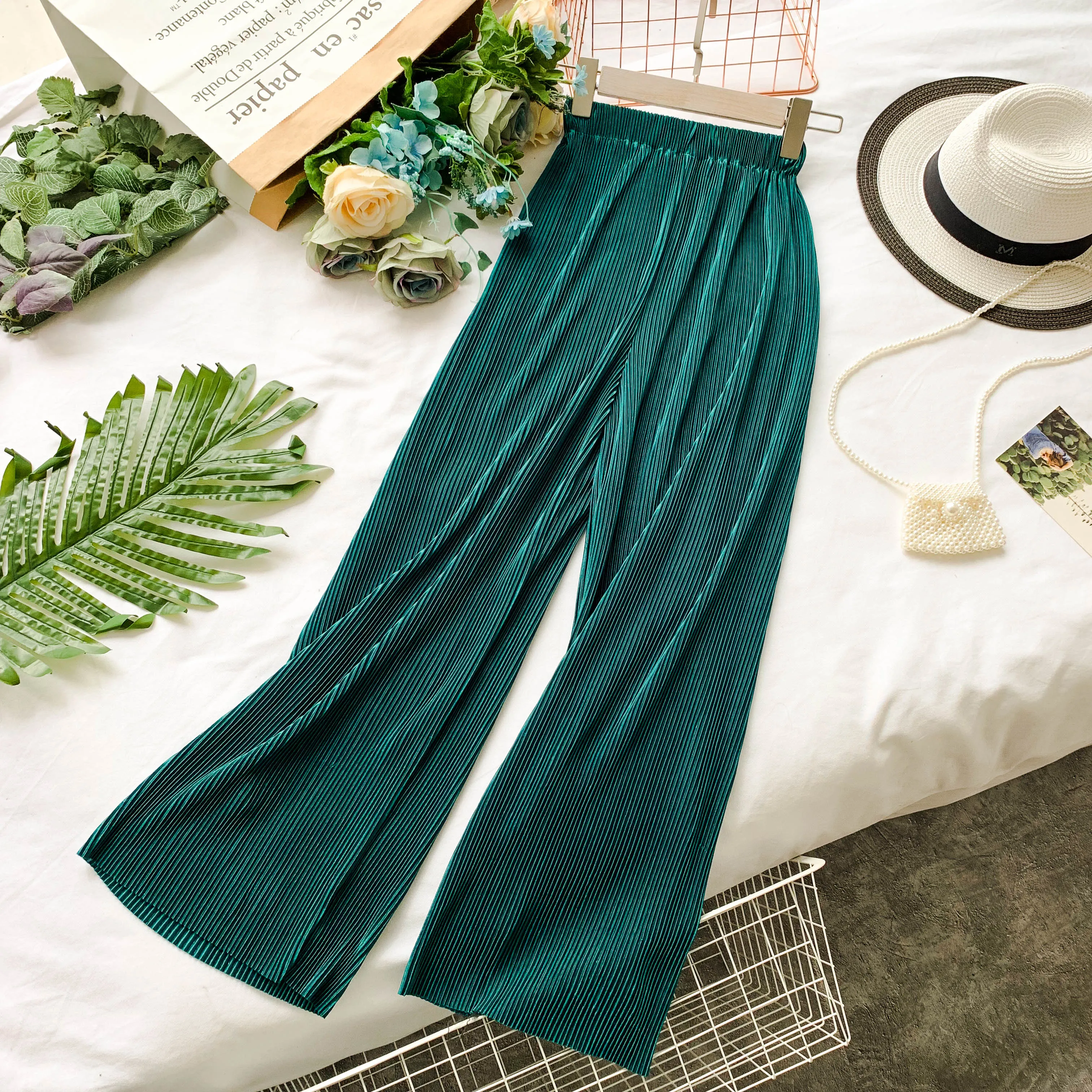 

2019 spring summer new women's pure color wide leg casual pants female elastic waist trousers
