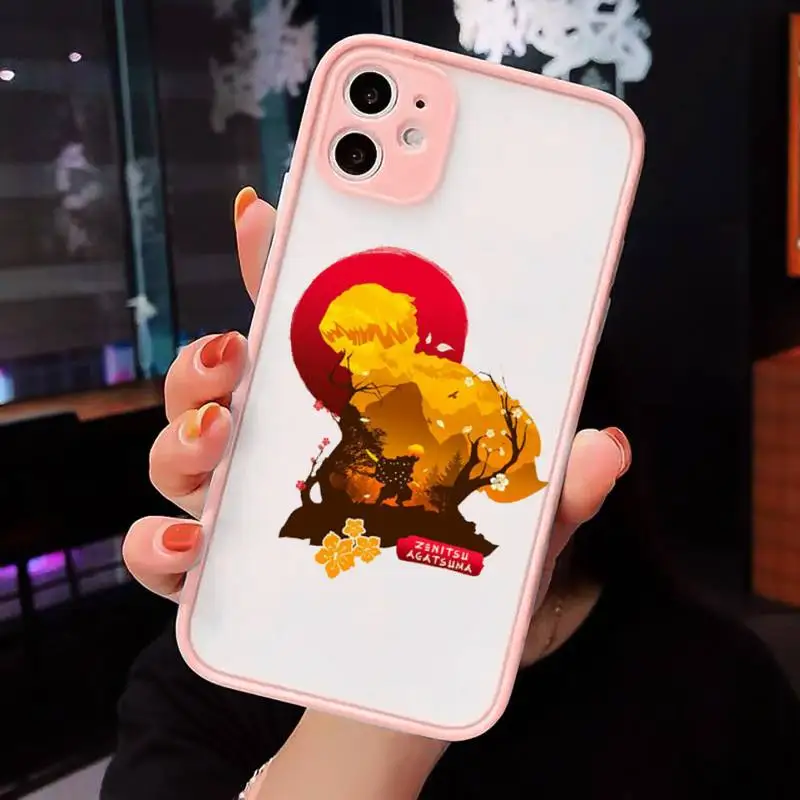

Demon Slayer Agatsuma Zenitsu Phone Case For iPhone 12 11 Mini Pro XR XS Max 7 8 Plus X Matte transparent Pink Back Cover