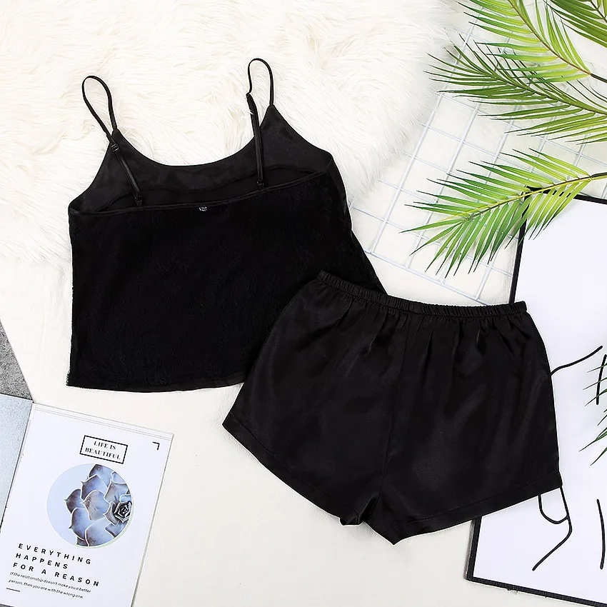 

Black Sexy Women Faux Silk Pajama Sets Satin Pyjama Sleepwear Sleeveless Fashion Summer Pajamas for Girl Nightwear