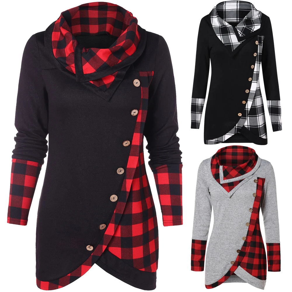 Hot Sale Winter Women Warm Pullover Long Sleeve Plaid Sweatshirt Tops Dress Casual Ladies Hoodies Sweatshirt Irregular Hem