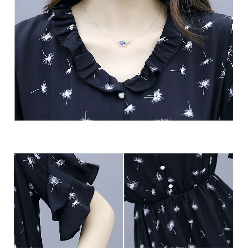 

Summer Floral Print Midi Dress Women O Neck Flared Sleeve Chiffon Dresses Women Korean Elegant Clothes White Dress Female LD2027