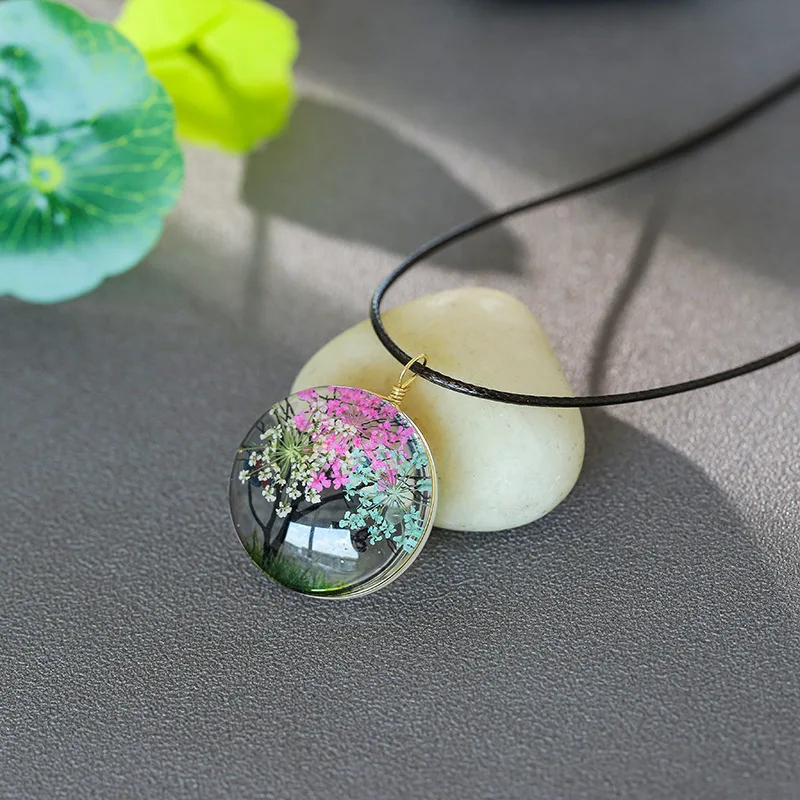 Natural Dried Flower Life Tree Colorful Plant Butterfly Grass Cabochon Glass Pendant Necklaces for Women Girls Jewelry | Украшения и