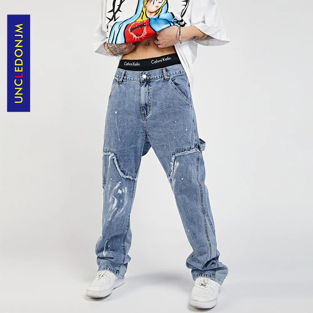 

Джинсы UNCLEDONJM в стиле пэчворк, Мужская Уличная одежда, джинсы в стиле хип-хоп для мужчин, одежда в стиле K-POP, джинсы-карго, джинсы в стиле ретро