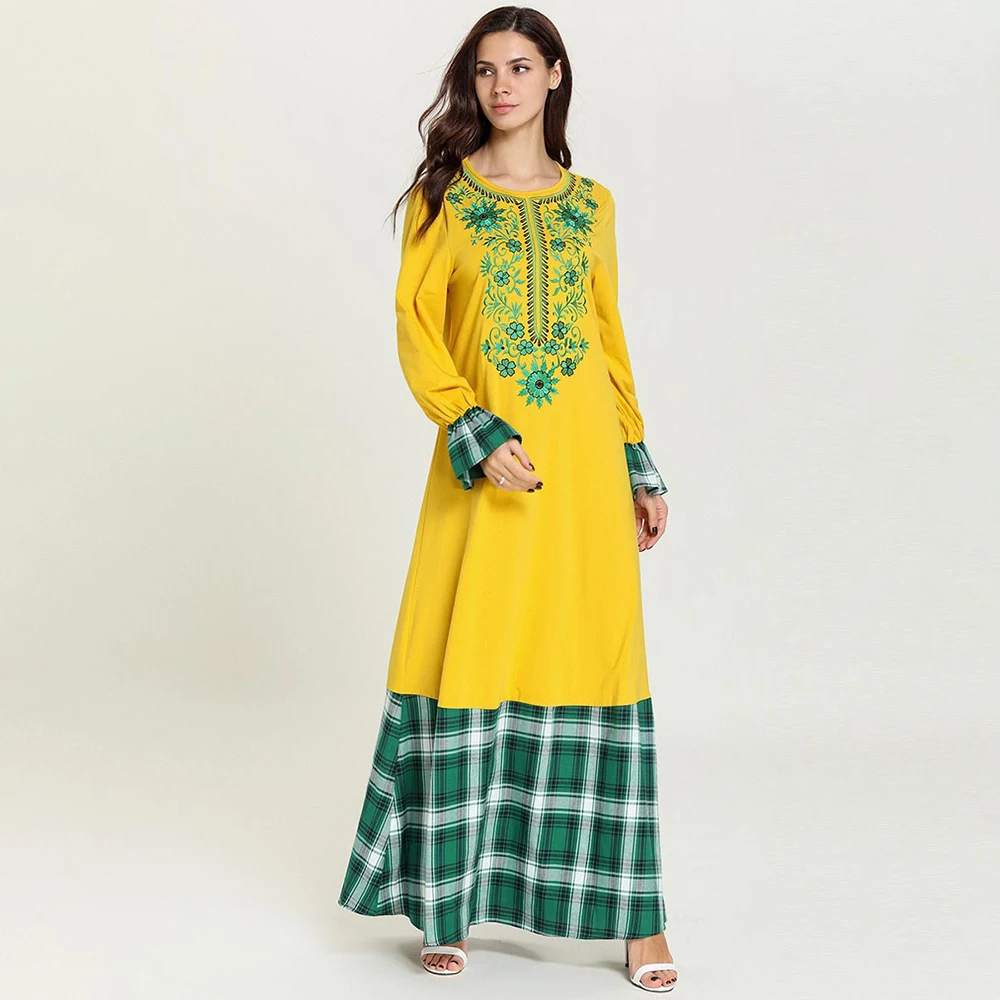 

Abaya Dubai Dresses Women's embroidered casual contrast color stitching Arabian long skirt Muslim large-length dress