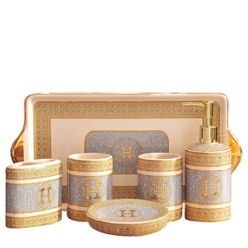 luxury golden ceramics bathroom accessory set porcelain soap dispenser couple wash suit pump bottle tooth frame holder mouth cup free global shipping