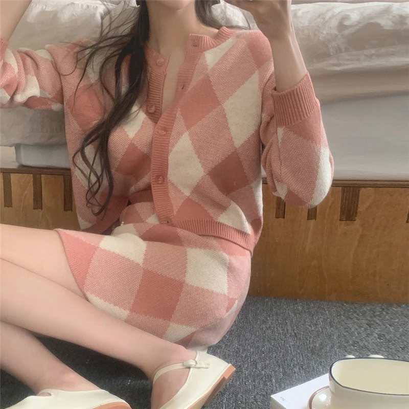 

Harajuku Knitted Plaid Y2k Cardigan Top+hip Skirt Suits Women New Oversized Sweaters Cardigan Half-length Skirt Two-piece Suits