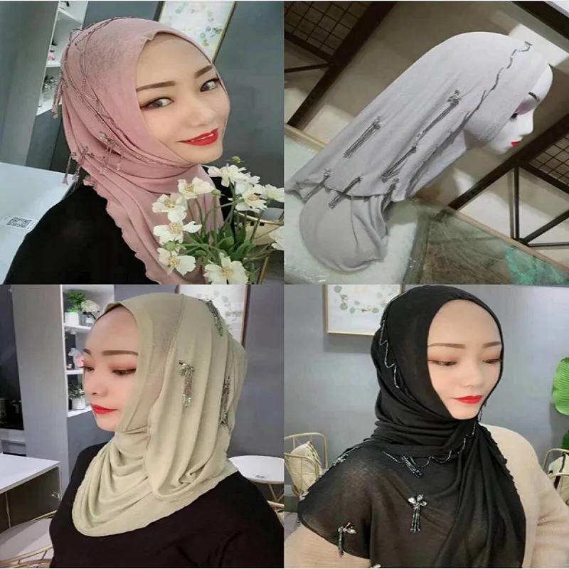Мусульманский женский хиджаб Чистый Шарф дышащие шали шапка с бусинами модный