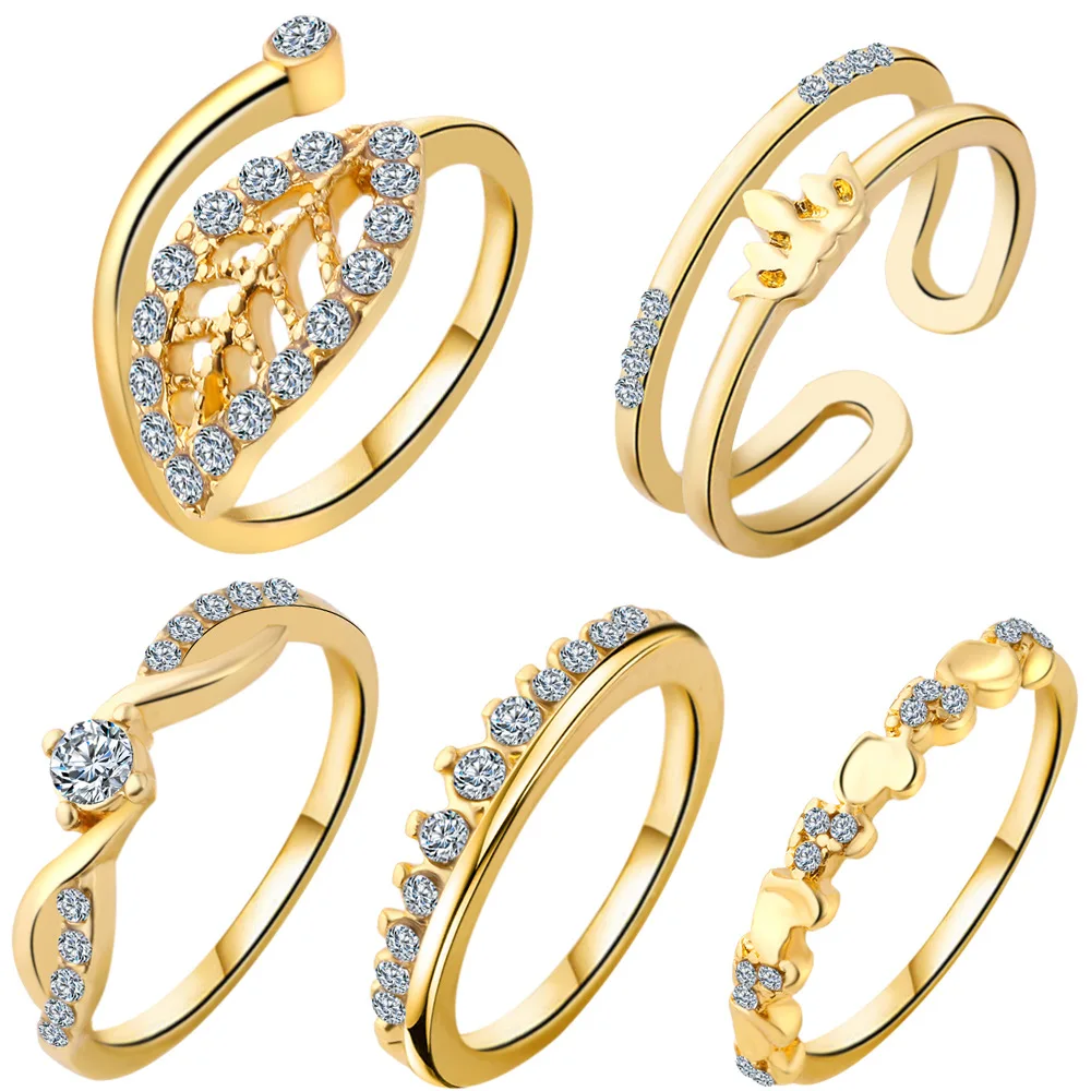 

Wedding Rings For Women Luxury Crystal Ring Peach Heart Ring Set Leaf Shape Five Piece Fashion New Trend Elegant Style 2020