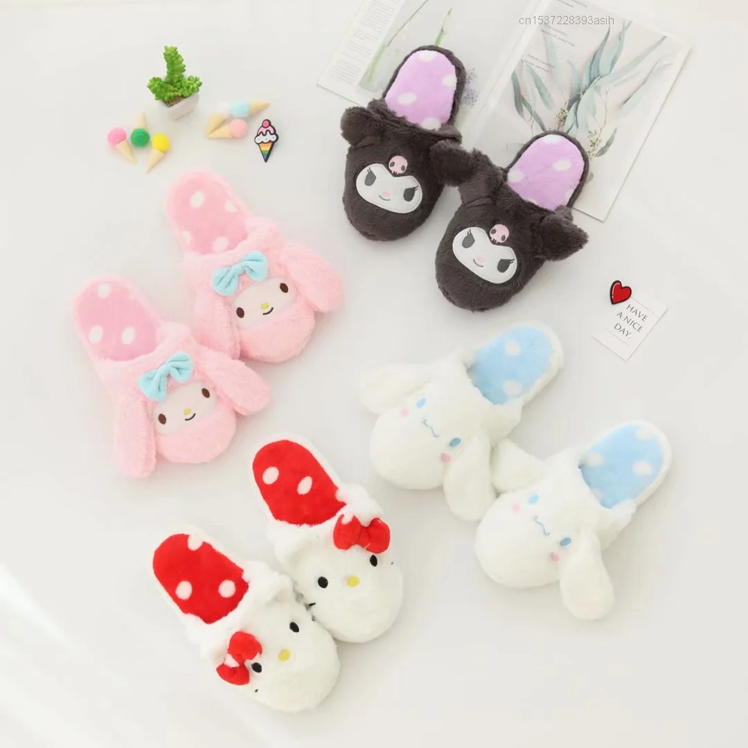 Sanrio Hello Kitty Kuromi Cinnamoroll My Melody зимние меховые плюшевые тапочки на плоской подошве для