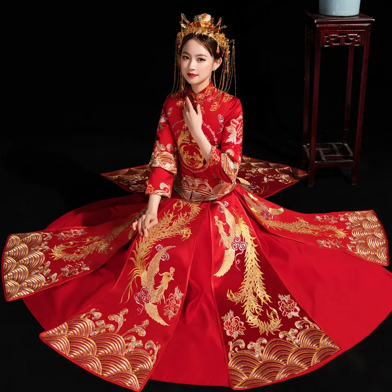 

Chinese Style Wedding Married Dress Phoenix Embroidery Traditional Hanfu Ancient Costume Chinese Bride Married Qipao