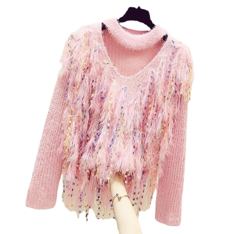 

Women Luxury Autumn Winter Halter Neck Fringed Pullovers Tassels Crocheted Sweater Cashmere Knitwear Long-sleeved Tops Sueter