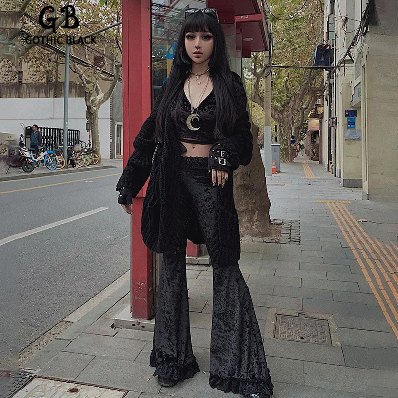 

Gothblack Sexy Fashion Patchwork Lace Solid Flare Pants Women Gothic Dark High Waist Loose Trousers 2021 New Street Suede Pants