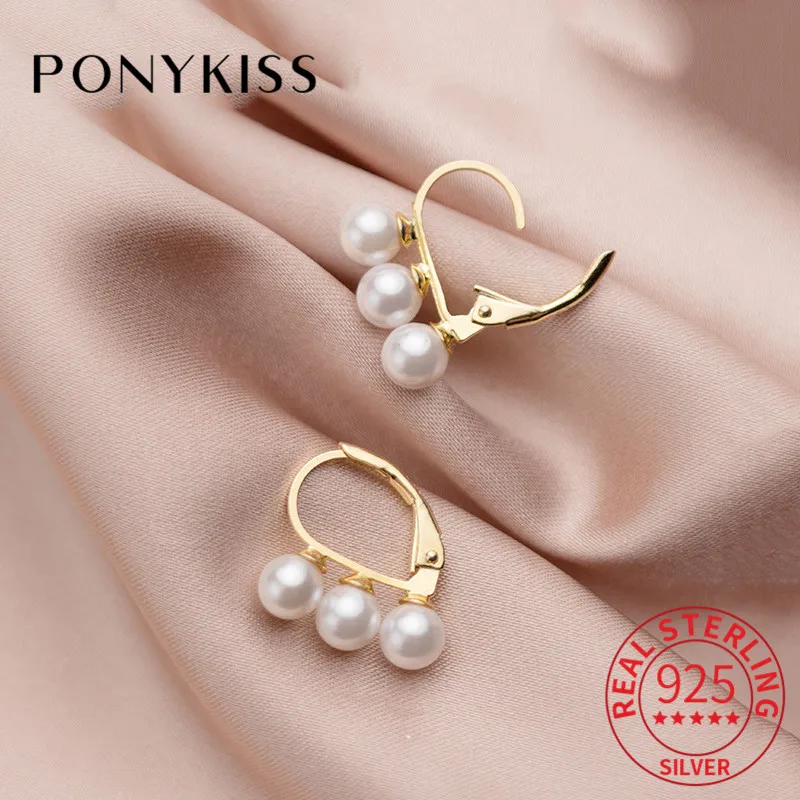 

PONYKISS 100% 925 Sterling Silver Pearl Geometric Hoop Earrings Women Delicate Elegant Earrings Party Fine Accessory Chic Gift