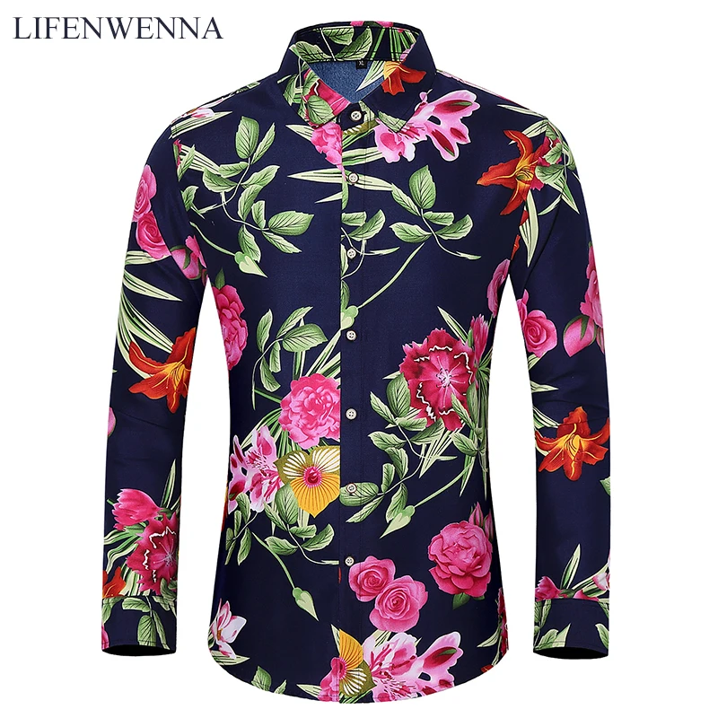 Men's Casual Shirt Spring New Arrival Flower Print Long Sleeve Shirts Male Fashion Plus Size Beach Holiday Shirt 7XL