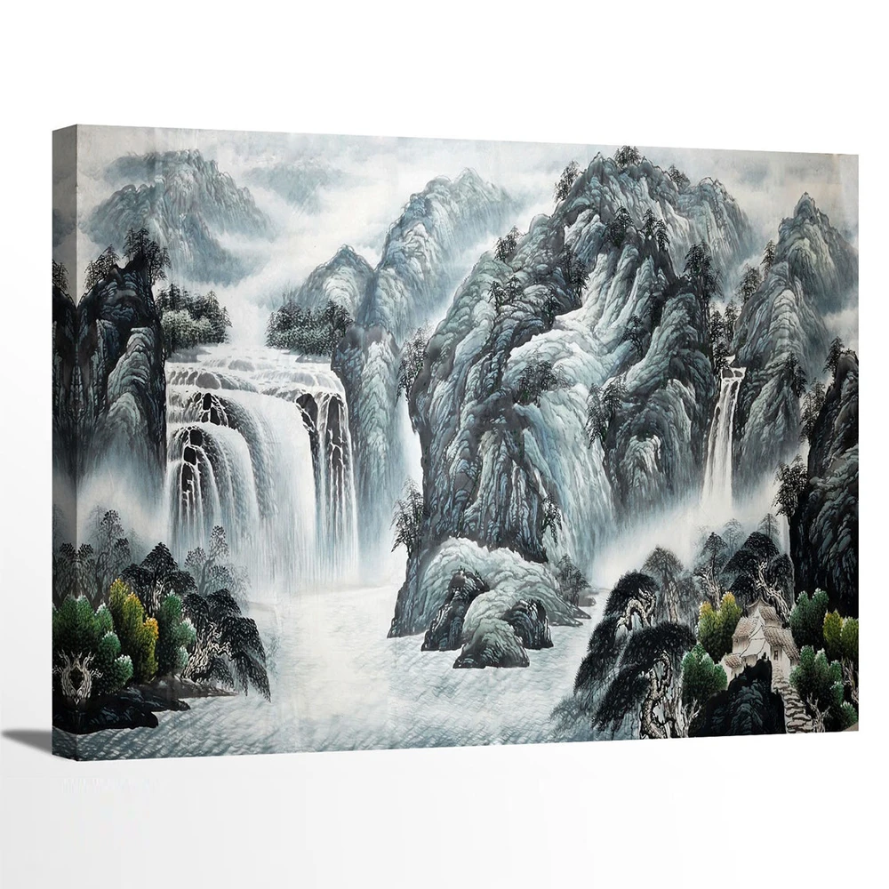 

Home Decor Wall Artwork Chinese Ink Wash Landscape Poster Printed Mountains Sea Waterfall Canvas Painting Bedroom Pictures Frame