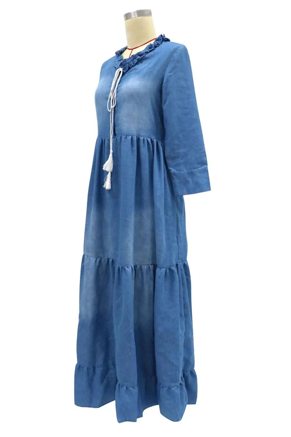 Женское джинсовое платье с оборками повседневное свободное винтажное макси в