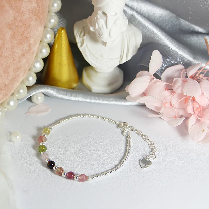 

Bohemian Style Single Layer Natural Tourmaline Bracelet Personality S925 Sterling Silver Accessories Bracelet