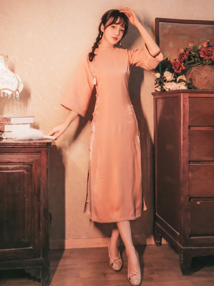 

Пучок для восстановления старинных путей, улучшенное платье Ципао, очень чисто-розовая молодежная модель