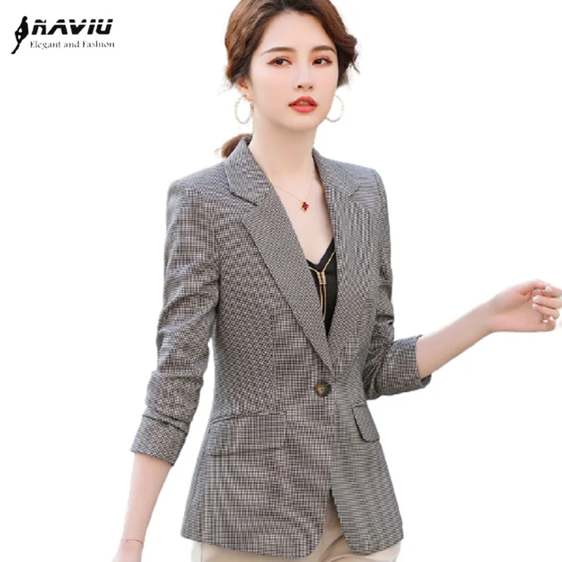 

Houndstooth Blazer Women High End Fashion Temperament Retro Long Sleeve Casual Slim Jacket Autumn Office Ladies Work Coat