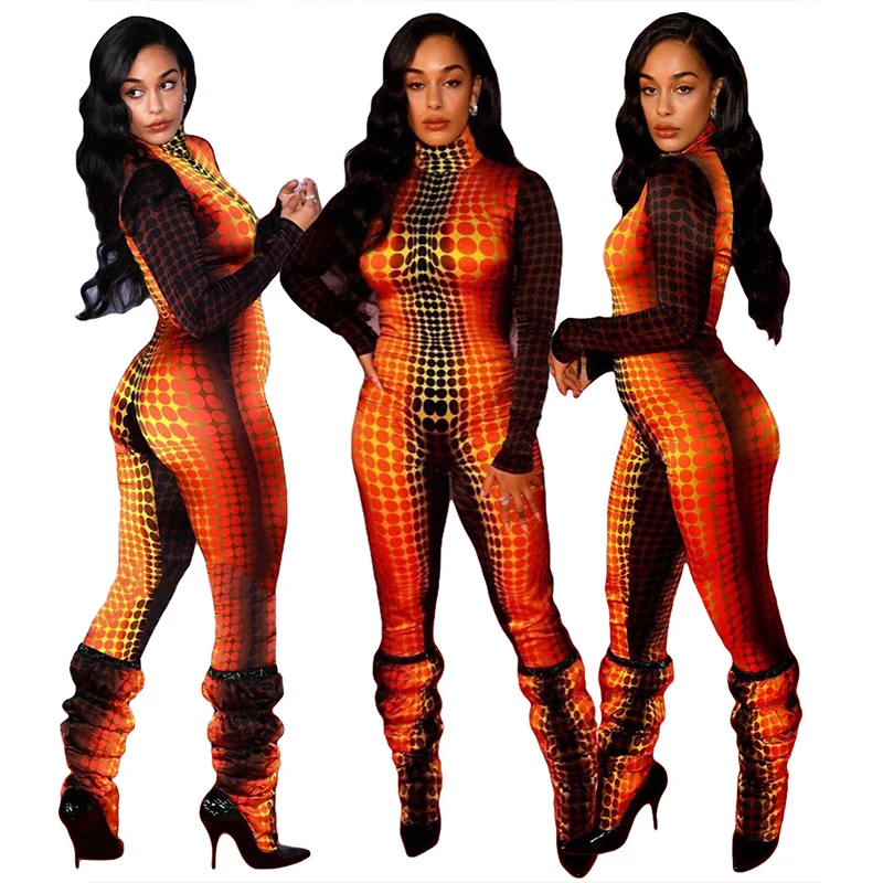 

TNNAOFF Aesthetic Polka Dot Print Bodycon Jumpsuit for Women 2021 Fashion Long Sleeve Streetwear One Piece Night Club Outfits