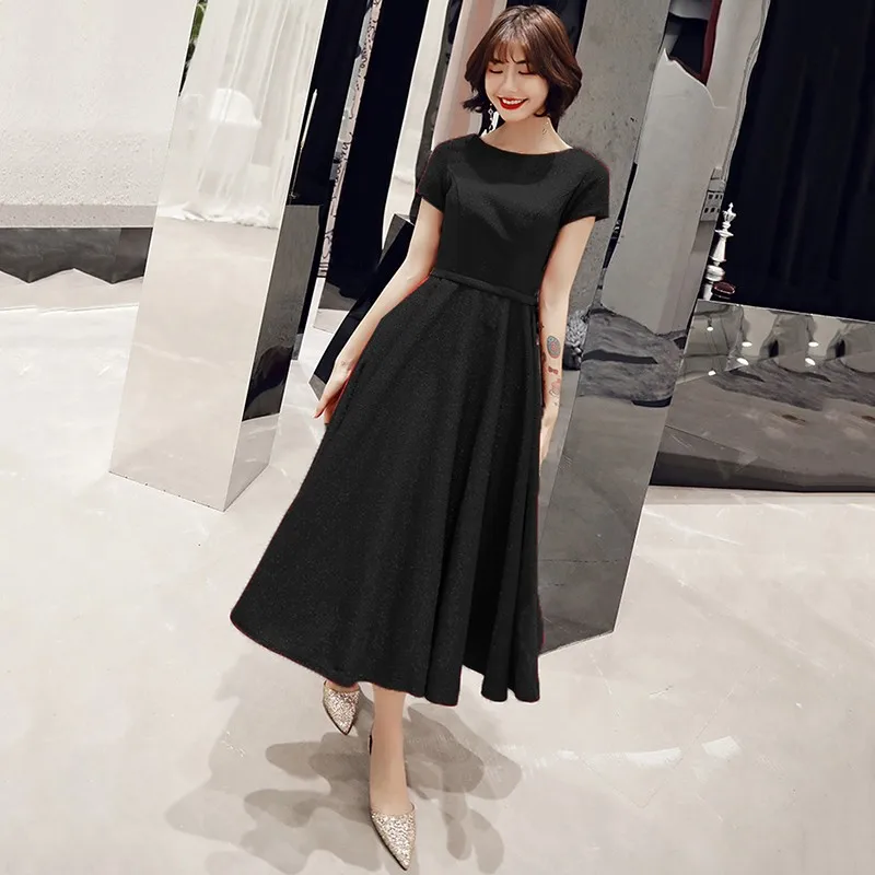 

Женское классическое банкетное платье, черное элегантное Плиссированное вечервечерние платье с круглым вырезом и коротким рукавом, XS-XXL