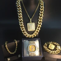 luxury men watch necklace pendant bracelet ring earring combo set in crystal ice out cuban watch hip hop neckalce for men