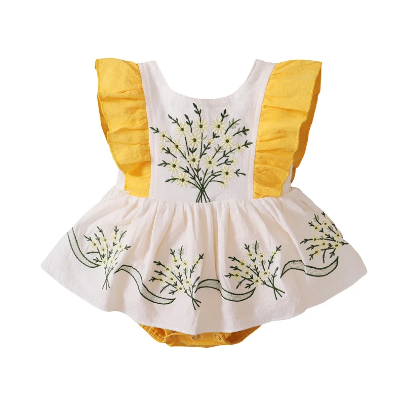 

NEW Baby Girls Sweet Ruffles Fly Sleeve Romper Fashion Embroidery Stitching Backless Jumpsuits, 0-12Months