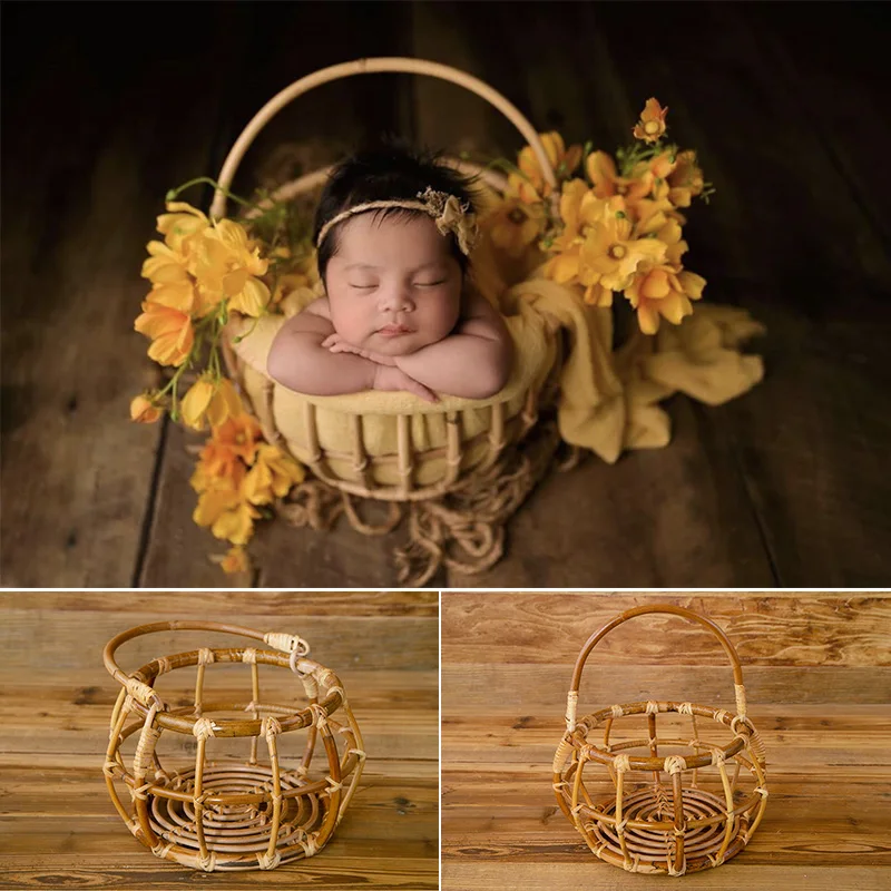 Newborn Photography Props Frame Rattan Woven Basket Baby Full Moon Photo Shooting Container Baby Child Photo Basket Posing Props