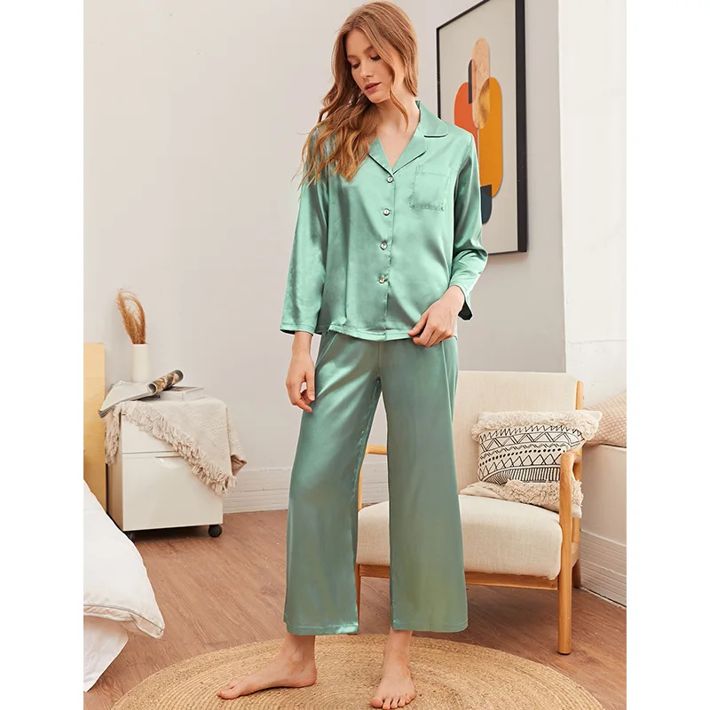 

Spring Autumn New Fashion Pajama Sets for Women Silk Sleepwear Solid Color Nightwear Long Sleeve Homewear Nightwear Sleep Lounge