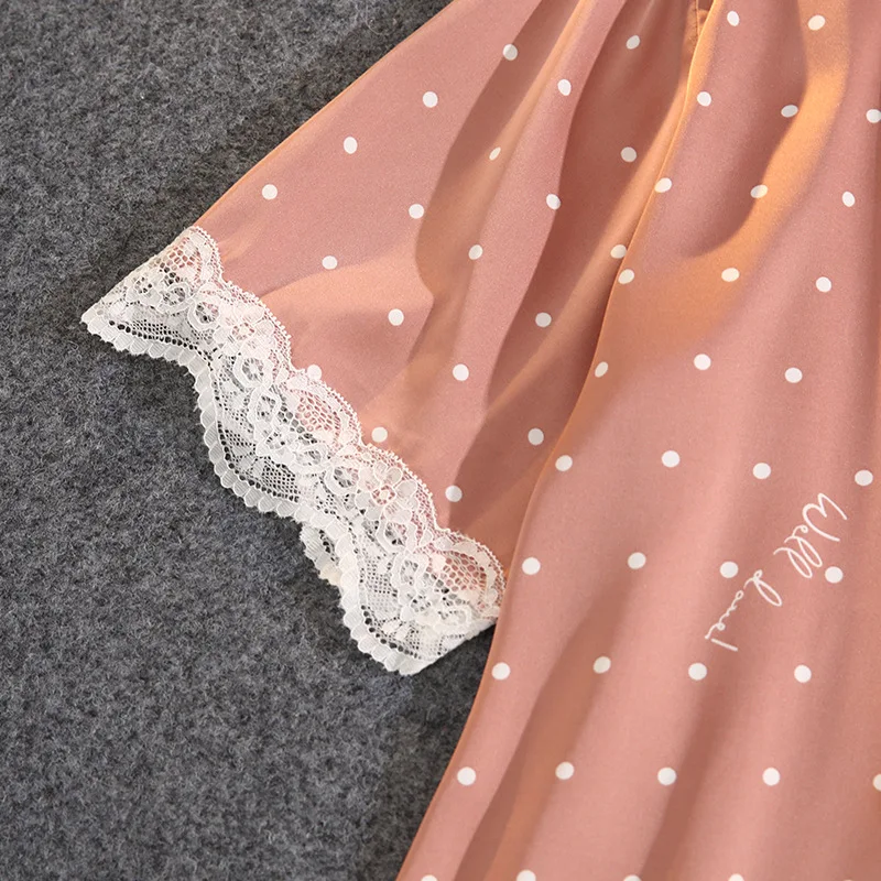 Summer New Polka Dot Print Pajamas Women's Satin Chiffon Soft Touch Sexy Lace Short-sleeved Shorts Suit Sleepwear