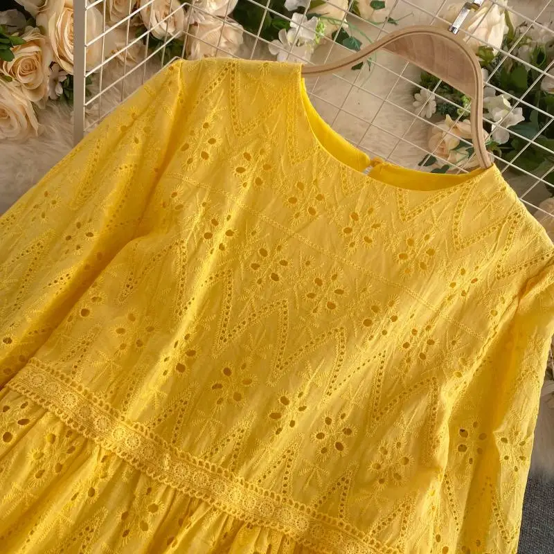 

2021 Solid color Long Sleeve Dress Summer Hollow Out A-Line Women fashion O-Neck Party Long Dresses Casual