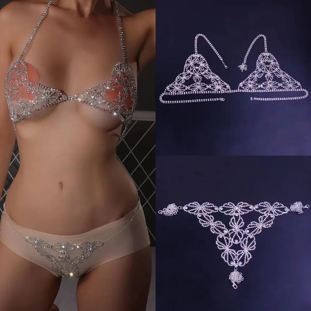 

Rhinestone Bow-knot Sexy Body Chain Harness Bra Underwear Set Body Jewelry for Women Luxury Crystal Thong Waist Round Panties