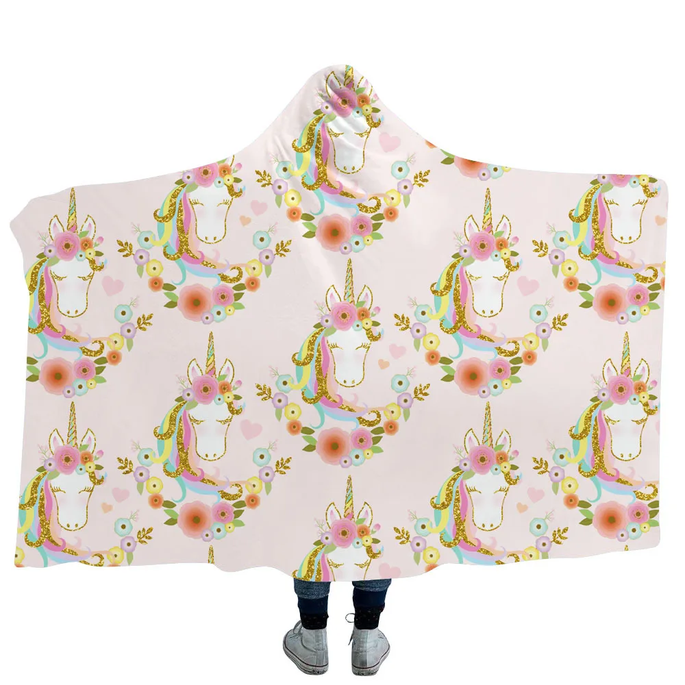 Unicorn Hooded Blanket For Adults Childs Cartoon 3D Printed Sherpa Fleece Blanket Microfiber Wearable Throw Blanket For Home Bed
