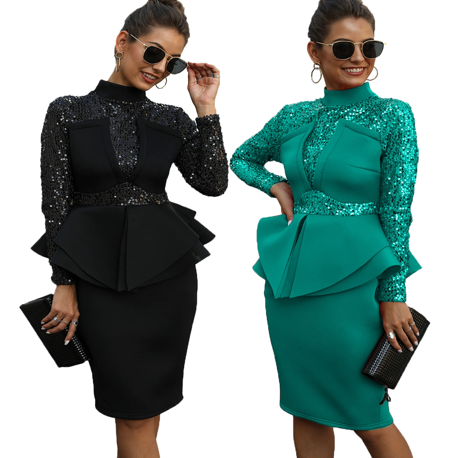 2019 autumn elegent women regular solid sequined long sleeve plus size knee-length dress | Женская одежда