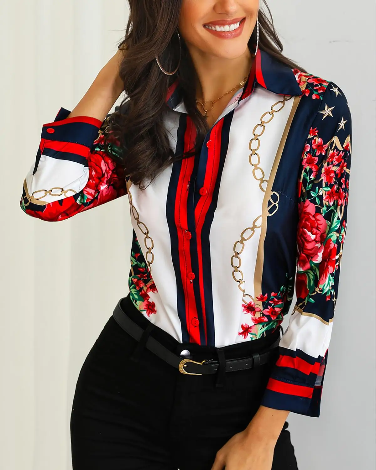 

2020 Women Stylish Leisure Everyday Top Long Sleeve Office Look Floral & Chains Print Casual Blouse