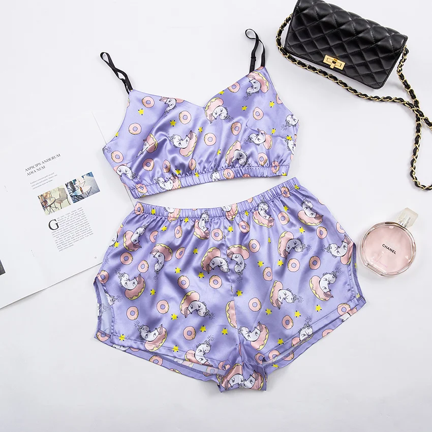 

Sexy Sleepwear Unicorn Lovely Summer Pyjamas Women 2 Piece Set Casual Satin Pajamas Set Female Homewear Sleeveless Nightwear