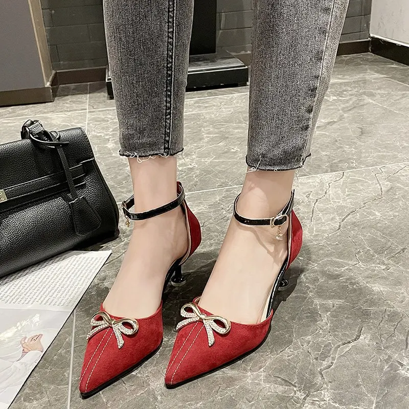 

Pointed Elegant Bow Women Pumps Stiletto Solid Color Buckle Summer External Wear High Heels 2021 Ladies Prom Shoes Woman Shoes
