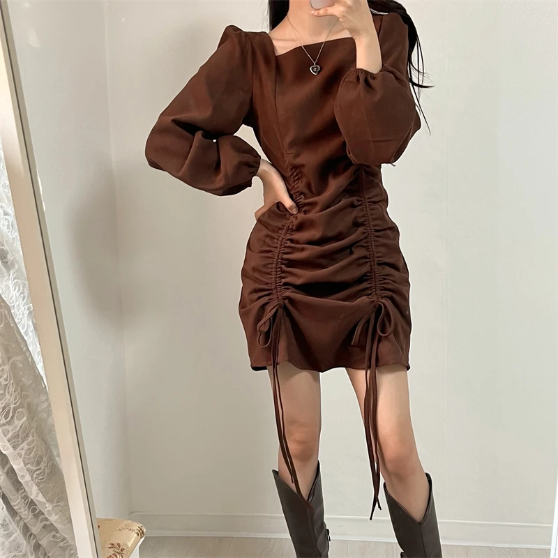 

Women's Autumn Fashion Drawcord Fold A-Line Mini Dress Elegant Slim Square Collar Long Sleeve Vestidos Femme Sexy Bodycon Cloths