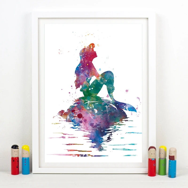 

Watercolor Princess Little Mermaid Poster Nursery Wall Art Picture Canvas Painting Girls Room Wall Decor room decoration